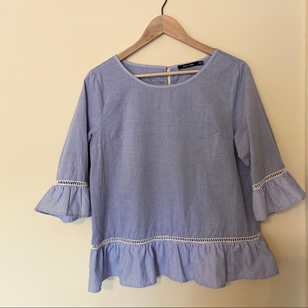 Doe & Rae Blue Striped Peplum Bell Sleeve Tunic